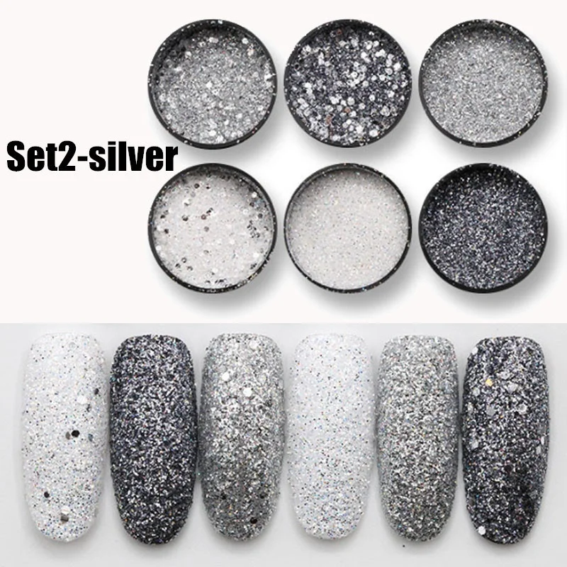 6 Pcs/set Shiny Silver Glitter Sequin Black Glitter Powder Nail Art Diy