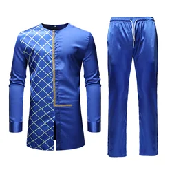 2 pieces Polo style African men set with Long sleeve Summer men suit of Arab Muslim men suit clothing