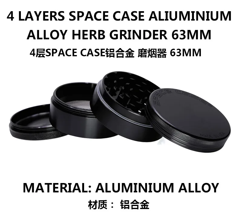 SPACECASE matte black 63mm 4 layer aluminum alloy herb tobacco grinder