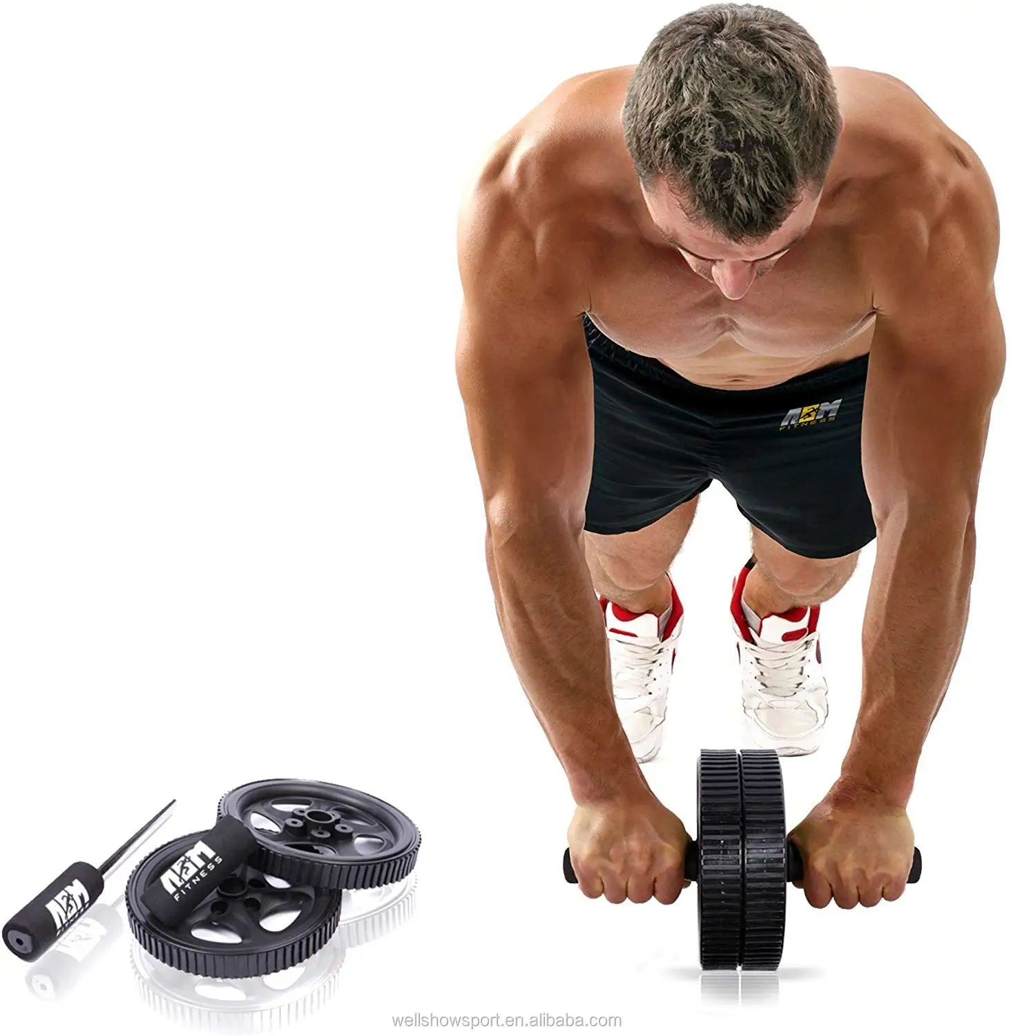 Wellshow Sport Ab Wheel Roller With Thick Knee Pad Mat Rotational Push