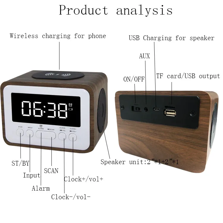 Hot Selling Radio Clock With Wireless Chargering Wooden Alarm Clock Bluetooth Speaker For Mobile Phone - ANKUX.COM