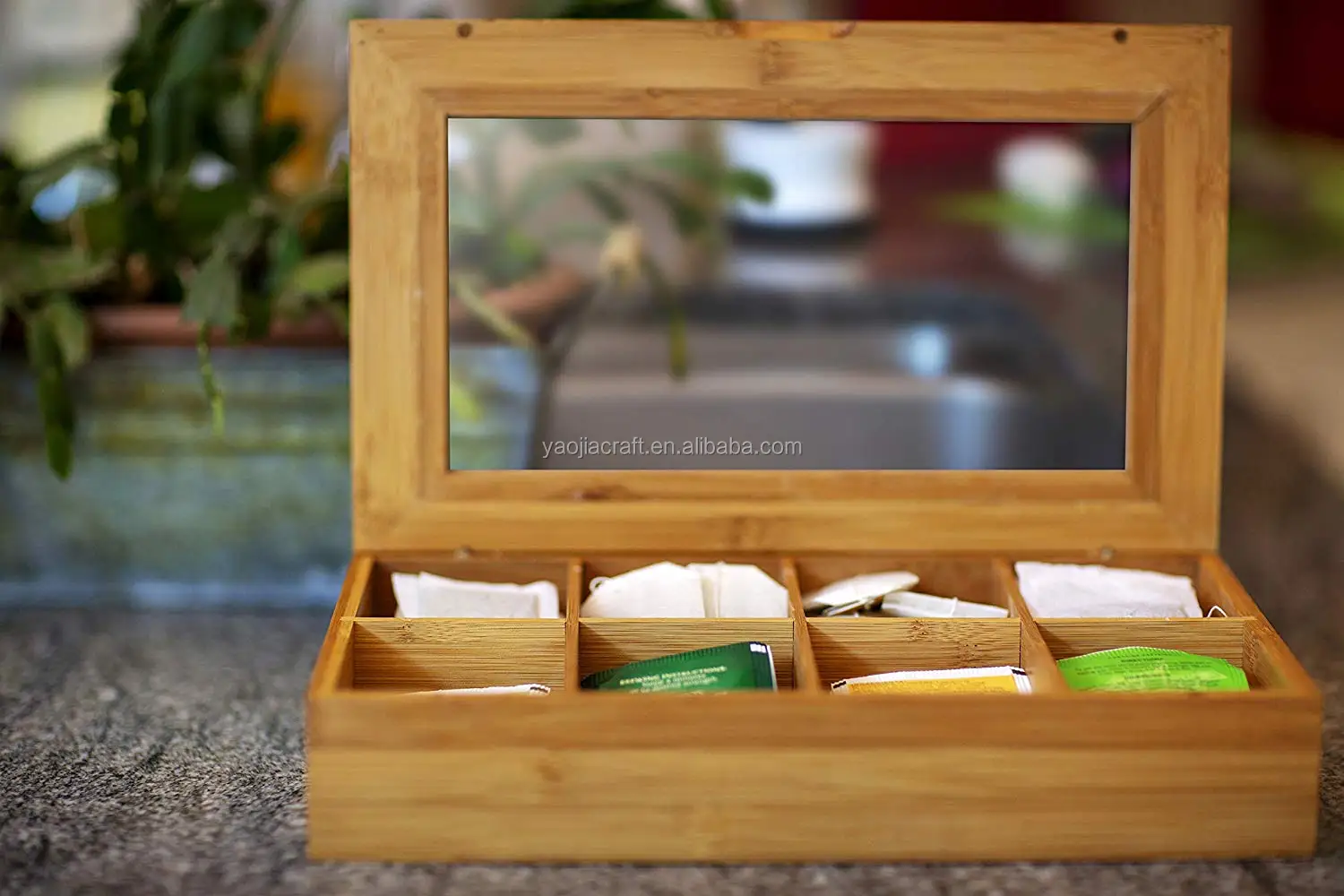 Details about   Tea Bag Organizer Bamboo Storage Box Holder 8 Sections Glass Display Chest 