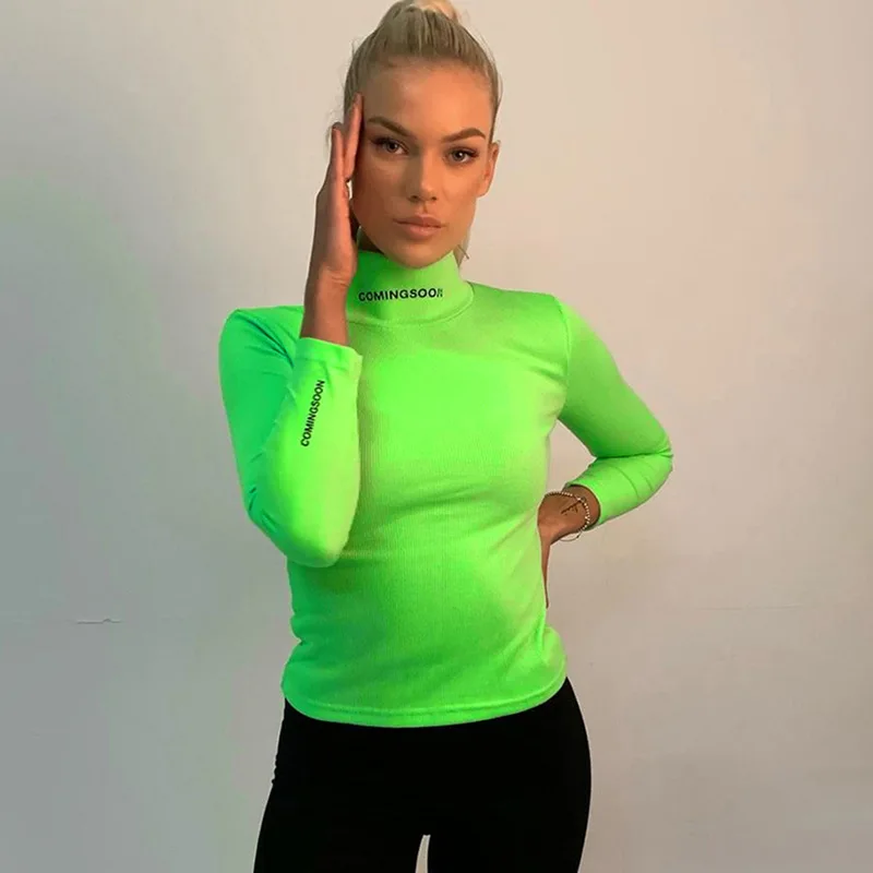 New Fashion Women Long Sleeve Neon Turtleneck T Shirt For Ladies - Buy ...