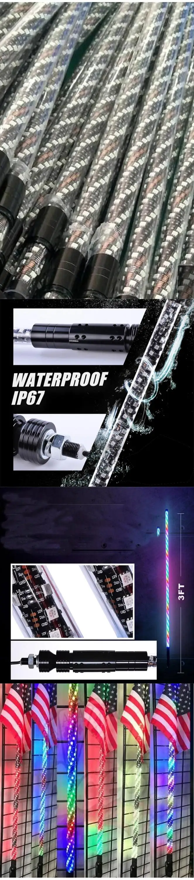 3ft 4ft 5ft 6ft Led Whip Flag Rgb Antenna Rainbow Flexible Tube Led Whip Light for Atv Utv Buggy Jeeps Led Safety Warning Light 13