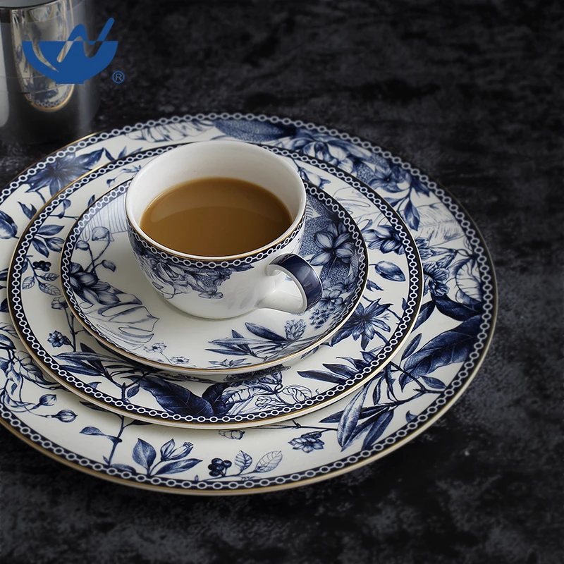 Antique Custom Luxury Blue Bone China Luxury Dinner Plate Set Tea Cup Set With Gold Rim