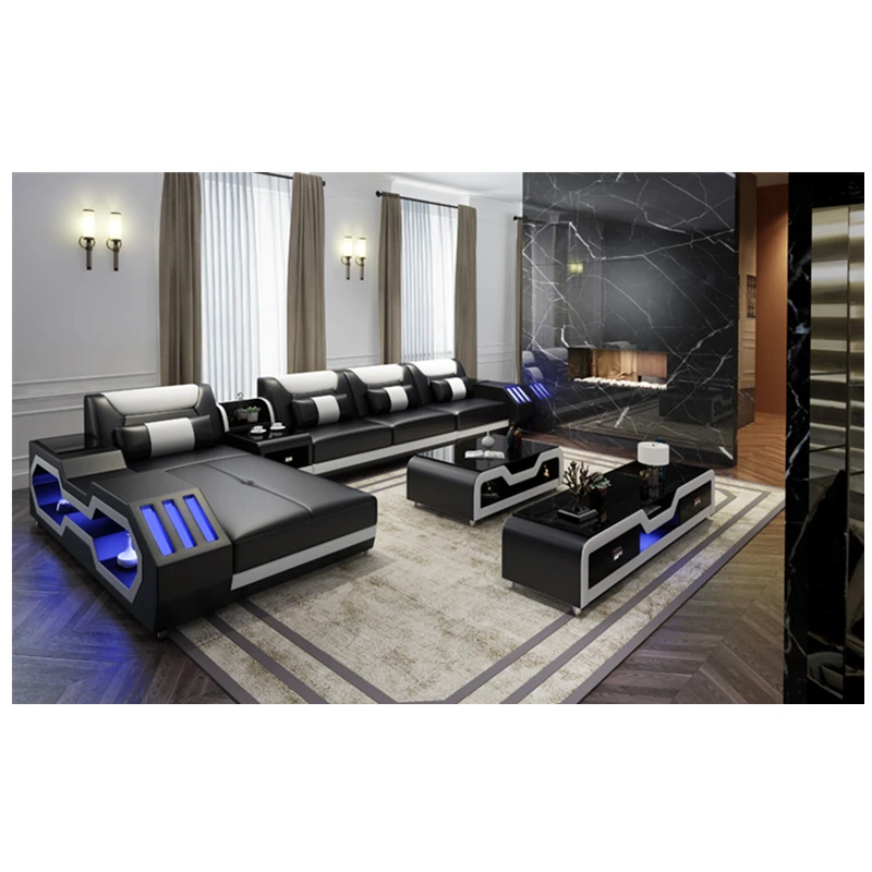 Modern genuine leather sofa set designs furniture couch living room sofa sets sectional sofa bed with LED light