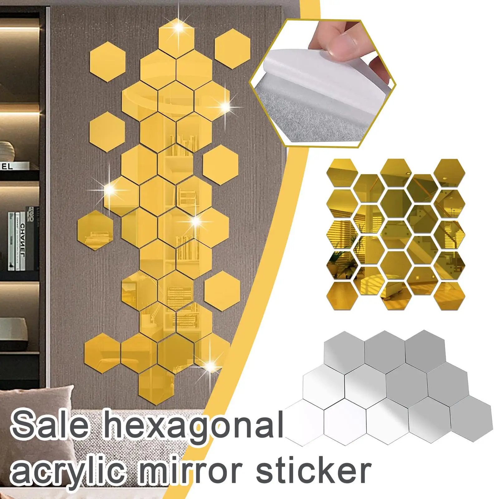 12pcs/set Decorative Acrylic Mirror Tile Wall Sticker Hexagon Self