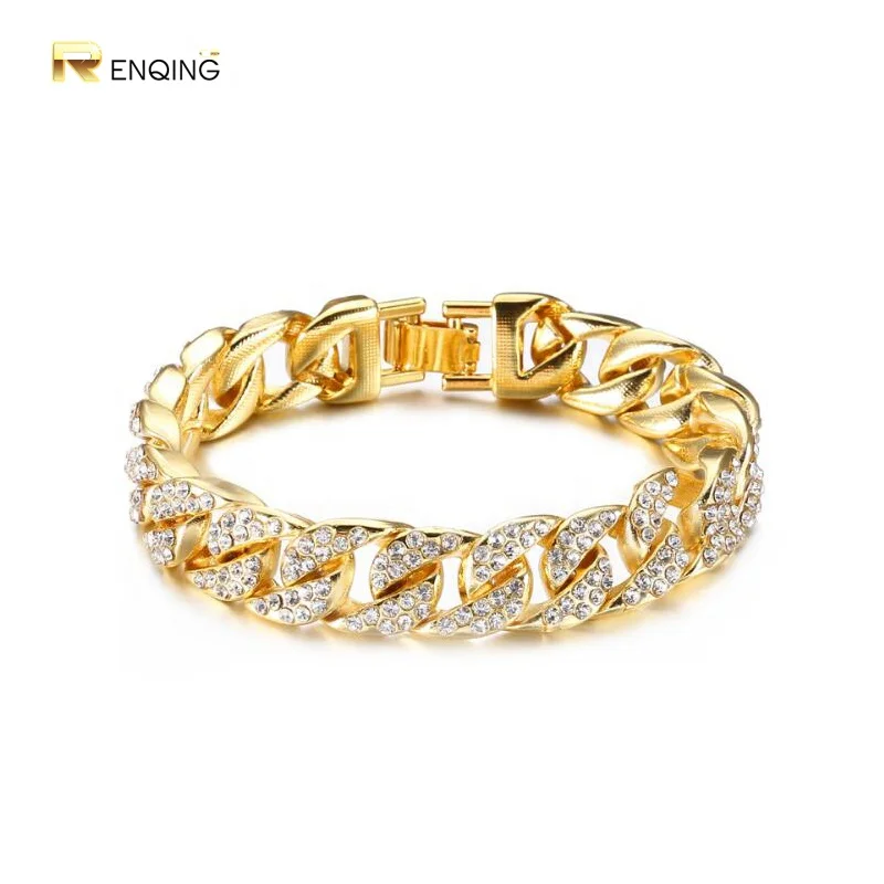 

Hot sale CZ Golden Finish Miami Cuban Link Chain bracelet Men's Hip hop