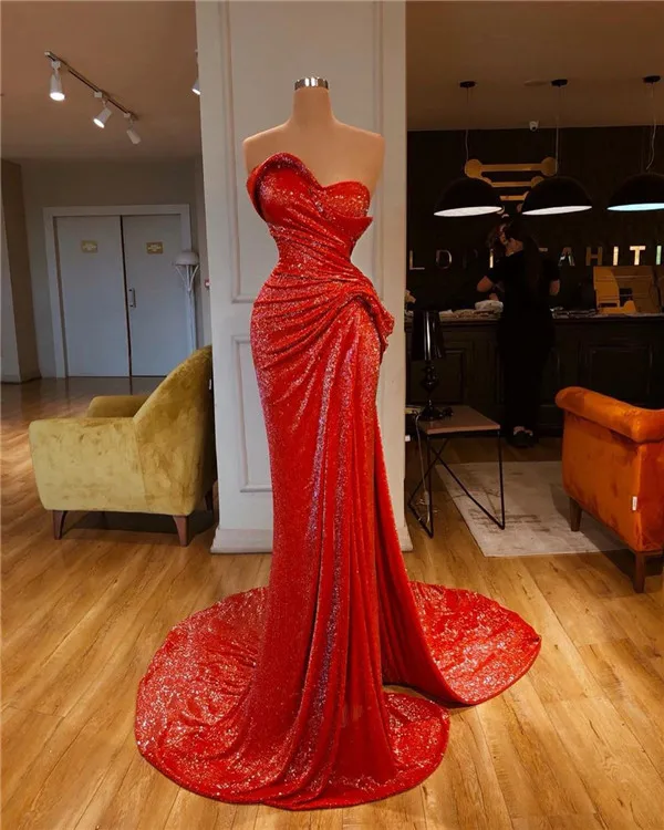 
Latest designs asymmetrical beading sequin red strapless ruffle prom dresses for women 