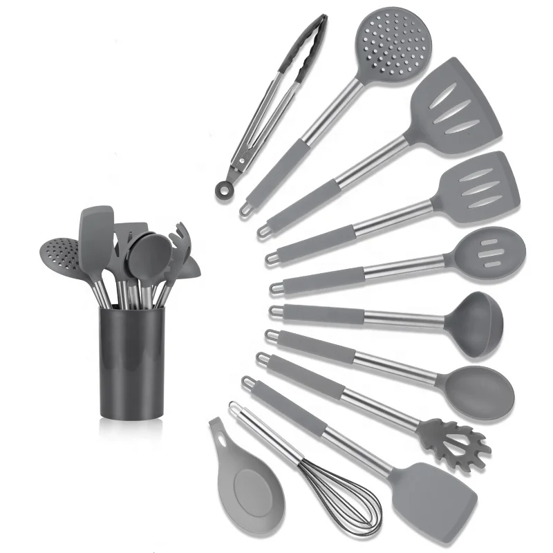 Non Stick Heat Resistant Grey Silicone Cooking Utensil Set 12 Pcs Kitchen Utensils With 1277