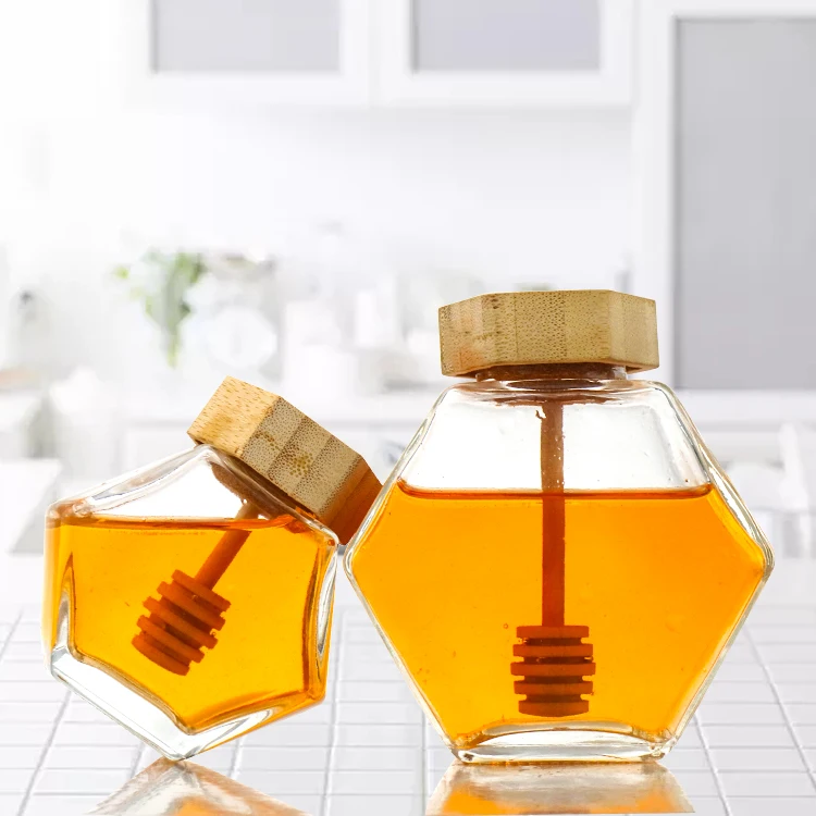 Customizable Unique Hexagon Empty Glass Honey Jar With Dipper - Buy 