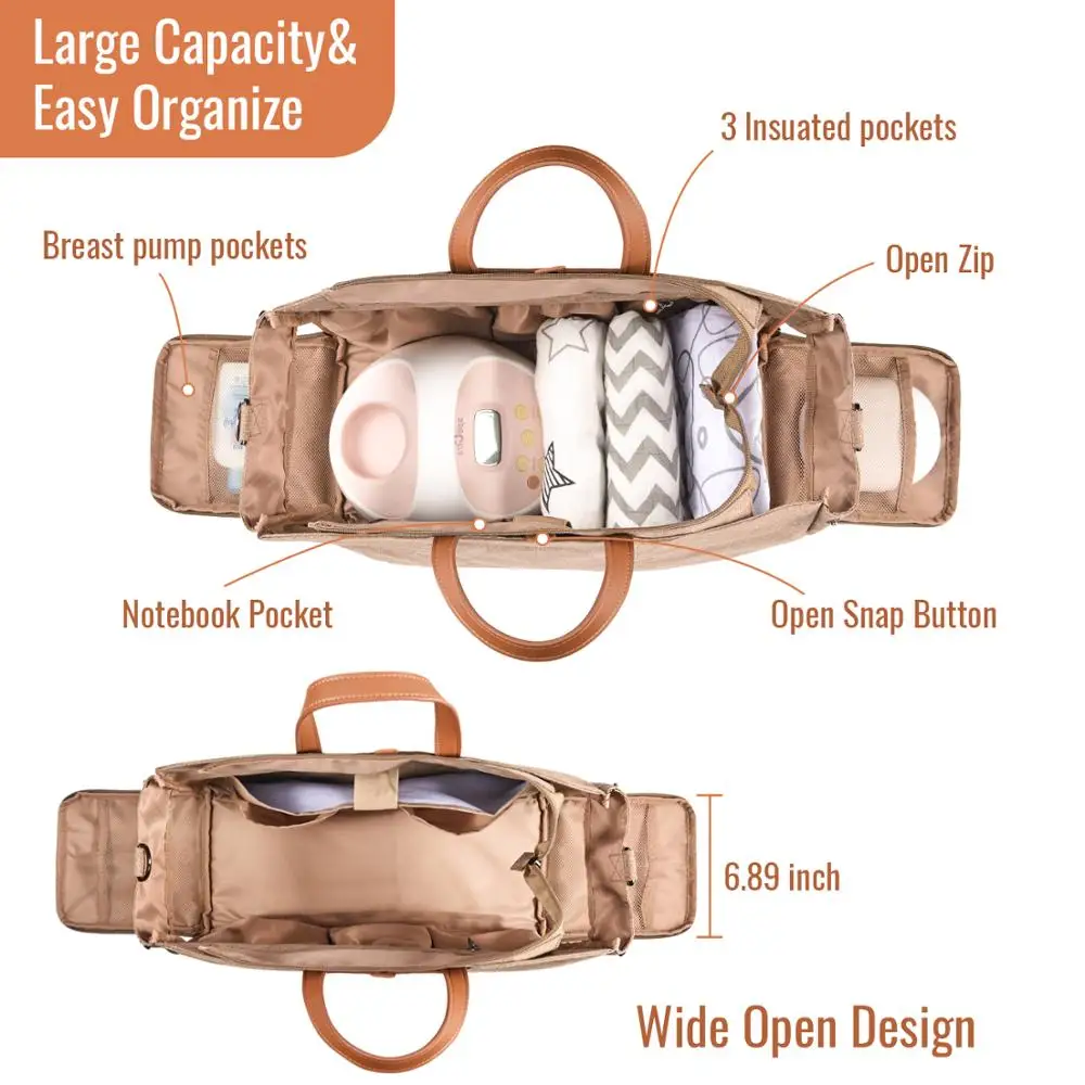 Momcozy Brown Wide Open Waterproof Breast Pump Bag Large Capacity