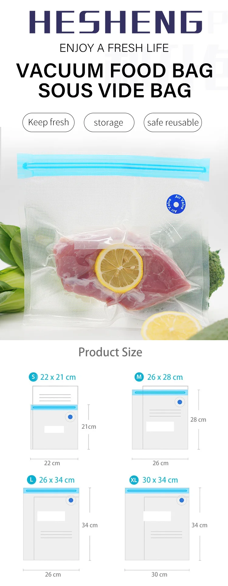 Food Grade Sous Vide Food Bag Transparent Embossed Package Zipper Plastic Sealing Bag