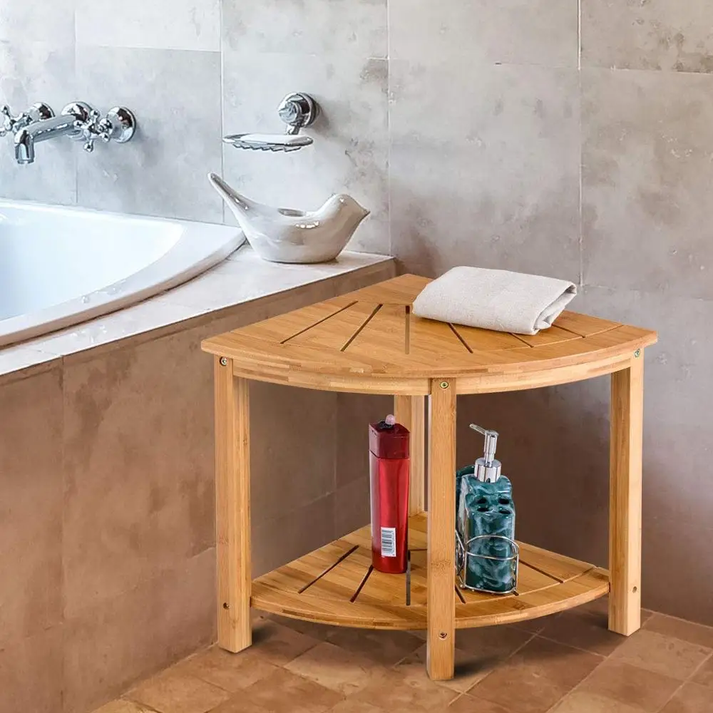 Bamboo Corner Shower Bench W/shelf For Bathroom Spa Bath Organizer