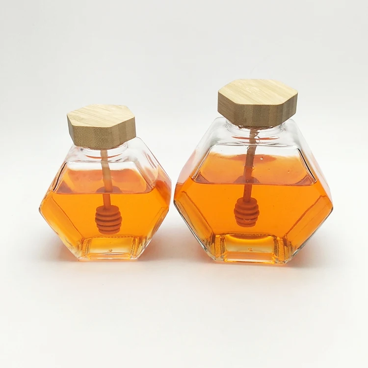 220ml 380ml Clear Unique Hexagon Glass Honey Jar With Wooden Lids And ...