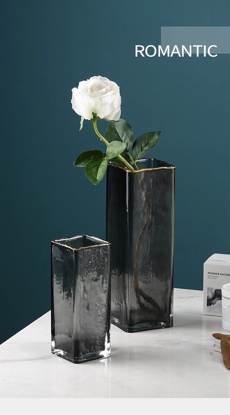 黄金边缘批发便宜的透明和黑暗的玻璃花瓶为家庭装饰长方形玻璃花瓶