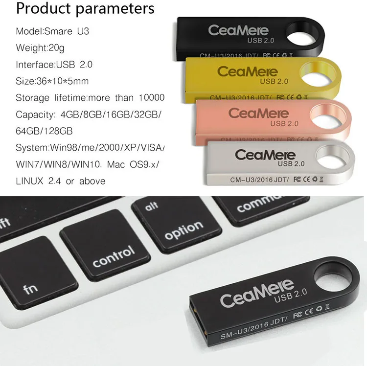 Ceamere Wholesale Original USB2.0 High Speed Metal USB Flash Drives 16GB 8GB 4GB 32GB 64GB 128GB Pendrive Metal USB Flash Drives