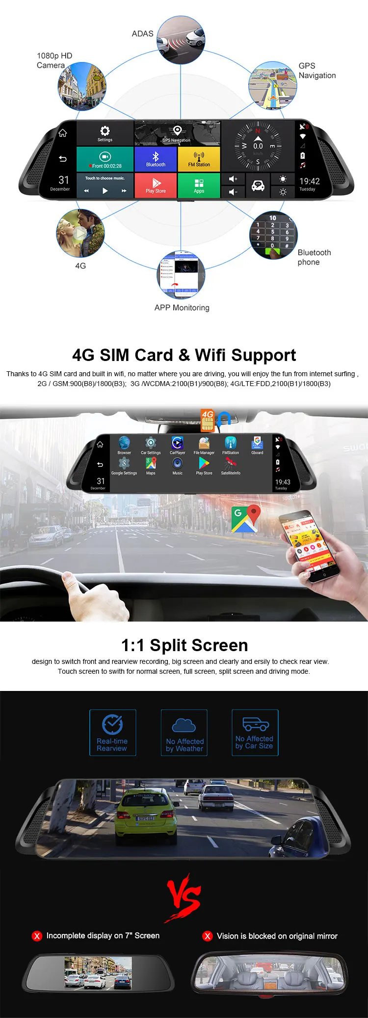 2020 Bathar Ùr ADAS 4G Car DVR 10 "Camara Sgàthan RearView Full HD 1080P Android GPS a’ draibheadh ​​Video Recorder Dash Cam