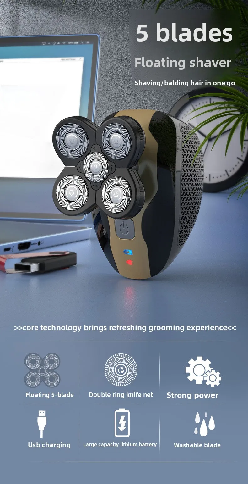 Custom 5-Blade USB Electric Shaver Bald Machine Washable Multifunction 5 in 1 LED Display Household Electric Shaver