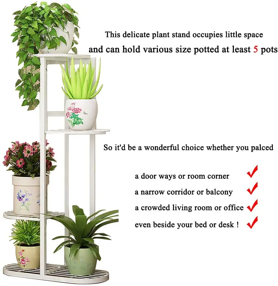 4 Tier 5 Potted, White Metal 4 Tier 5 Potted Plant Stand Multiple Flower Pot Holder Shelves Planter Rack Storage Organizer Display for Indoor Outdoor Garden Balcony 