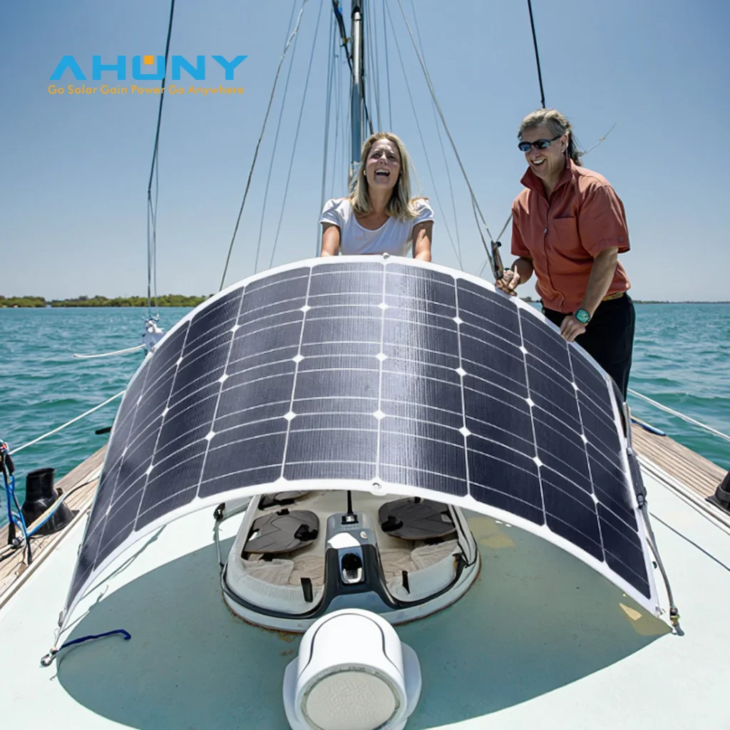12V flexible solar panel kit mounted on RV roof with adhesive tape and MC4 wiring