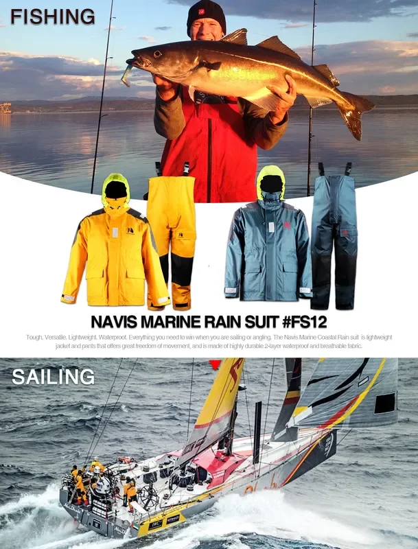 Navis Marine Coastal Sailing Jacket with Bib Pants for Men Waterproof Breathable Rain Suit Fishing Foul Weather Gear 