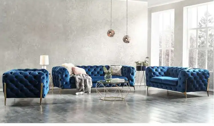 Nordic fashion high-end living room hotel club villa fabric soft bag button three - person sofa combination