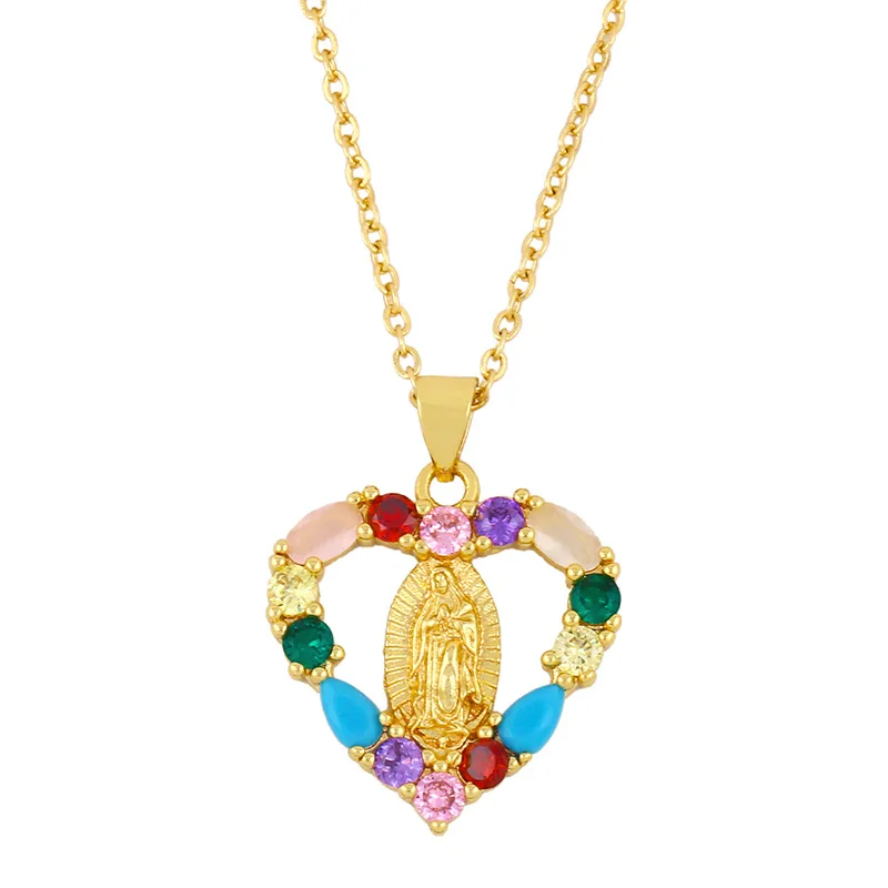 Religious belief jewelry 18k gold plated colored heart zircon Virgin Mary charm pendant necklace jewelry women