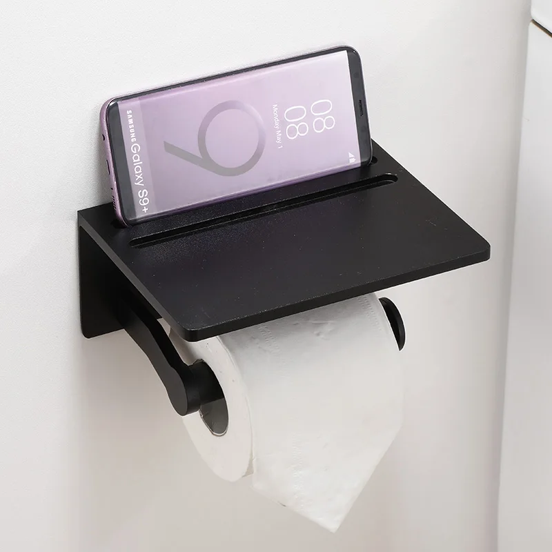 Wall Mount Self Adhesive Toilet Paper Holder With Phone Shelf Toilet