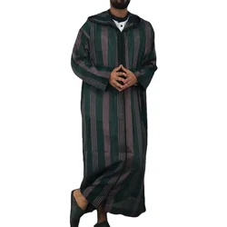 Autumn new muslim robe colorblock stripes long hooded plus size turkey prayer set muslim men clothing