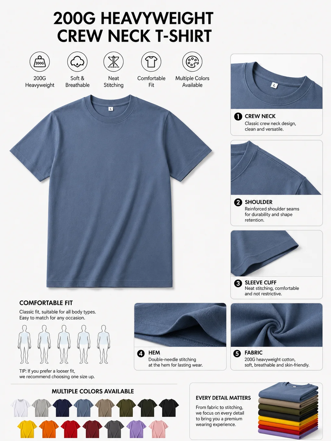 200GSM Cotton Crew Neck T-Shirt Custom Color Unisex Soft Durable Everyday Essential Tee OEM