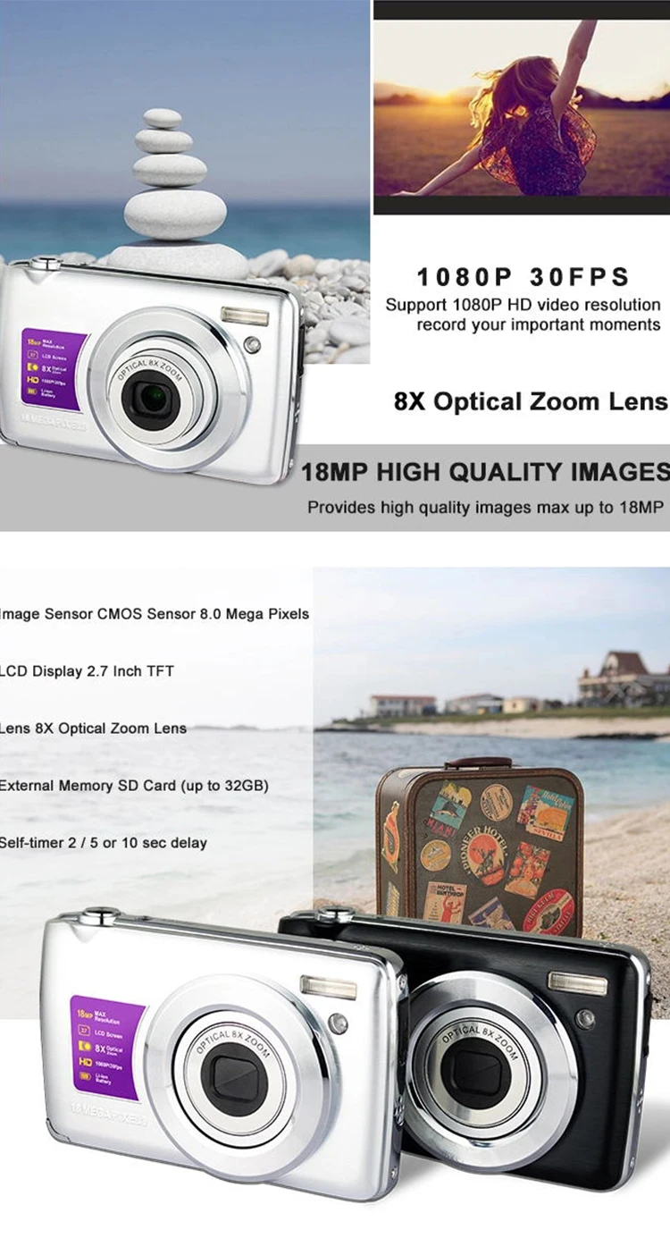 Digital Cameras For Beginners 2.7 Inch Rechargeable Kids Cameras 8X Digital Zoom Compact Camera