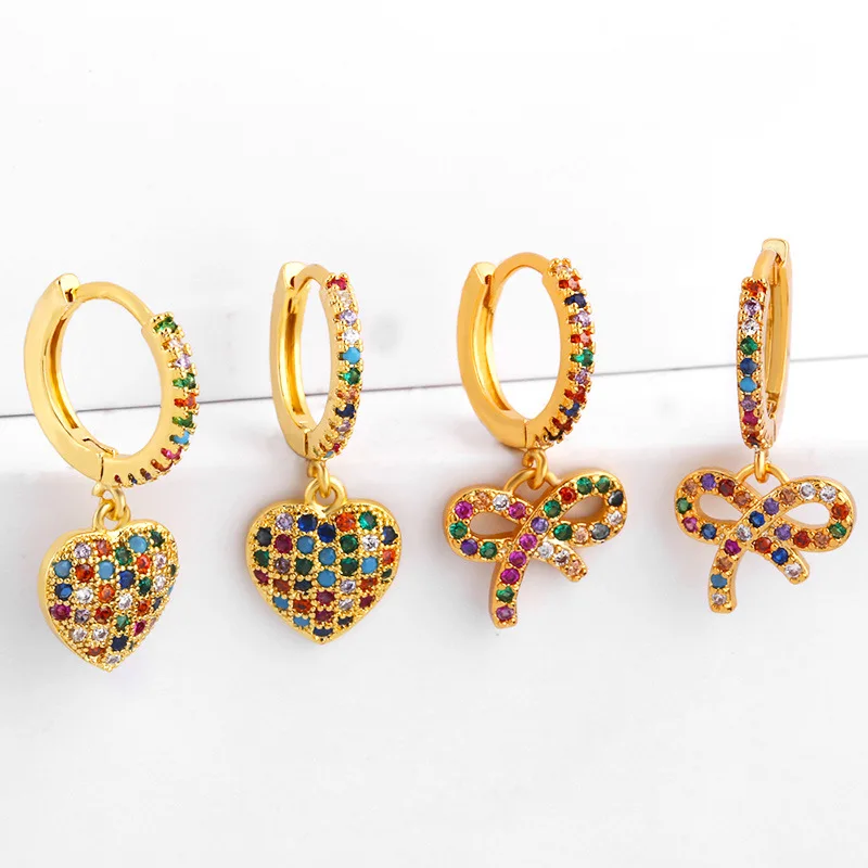 Rainbow zircon heart huggie earrings fashion 18k gold plated bow earrings