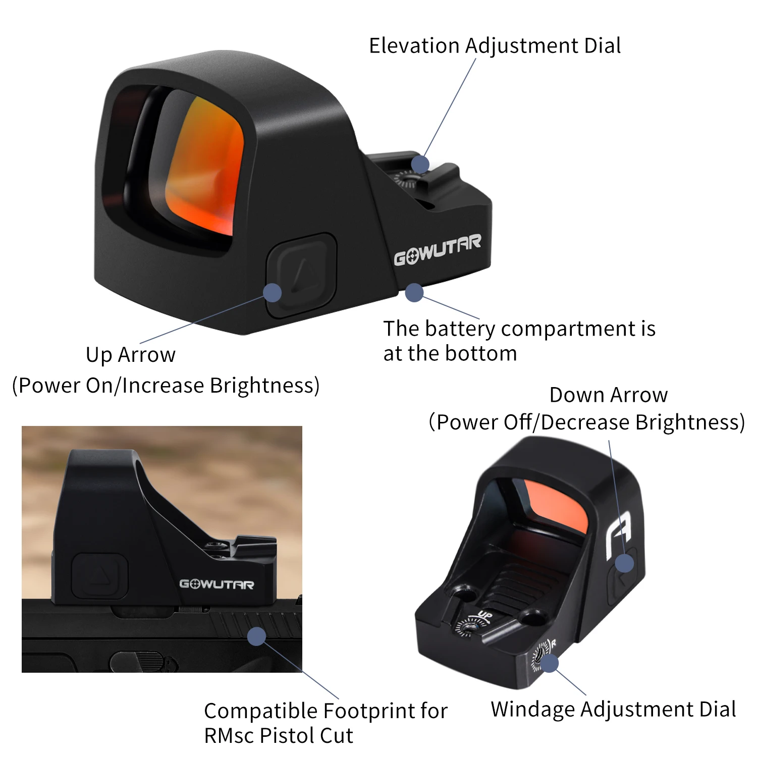 Gowutar A17 Red Dot Sight Rmsc Cut 1x17mm 2 Moa Compact Reflex Sight