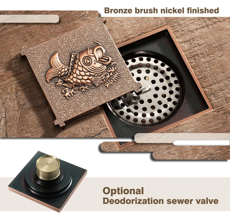HIDEEP bathroom accessories brass floor drain shower room deodorant drainage fish pattern rose gold