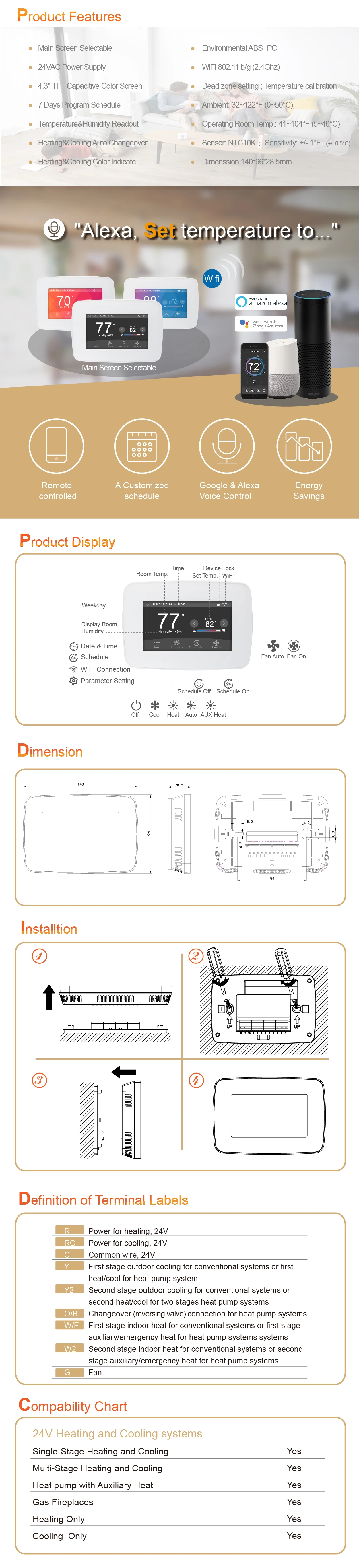 2020 Top Rated 2 Stage Heat Pump Thermostat Wifi for Smart Home Heating Cooling Ventilating System
