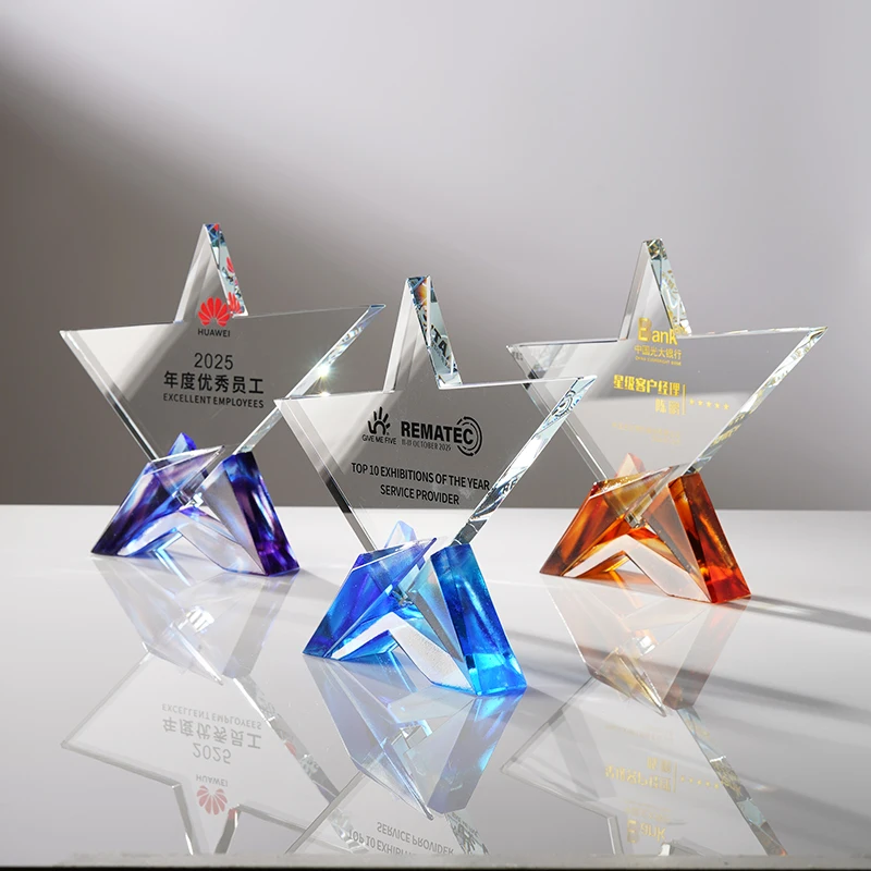 High-Grade Blue Star Crystal LiuLi Award Trophy UV Printed Souvenir Business Gift for Insurance Trade Show Giveaways-Wholesale supplier