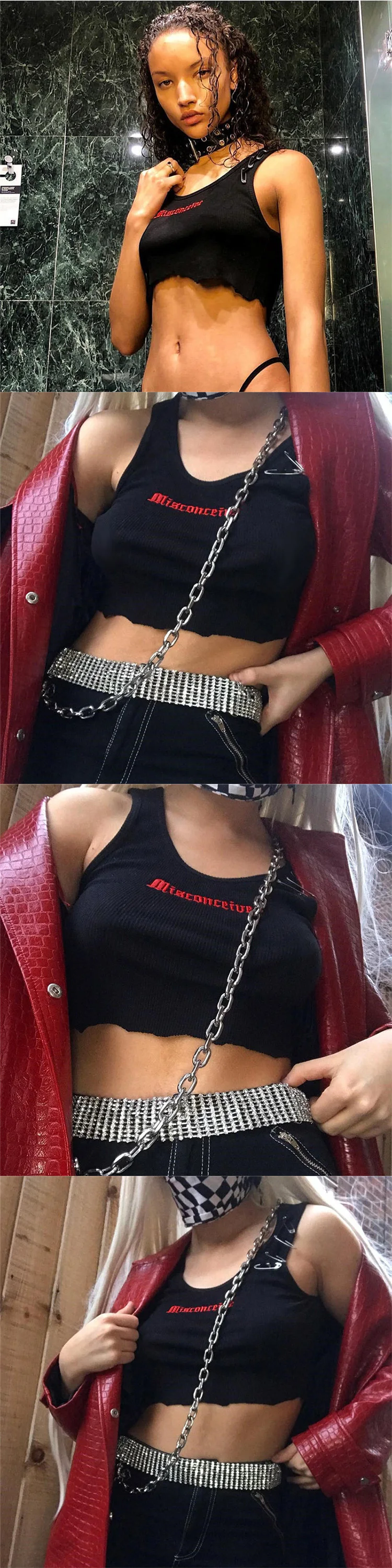 2020 Dropshipping Pin Embroidery Letter Black Crop Summer  Sexy Tops for Women Clubwear Gothic Punk Ripped Tank Tops