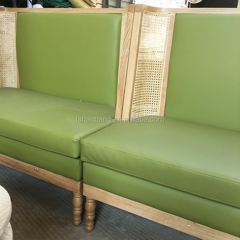 Cafe Restaurant Nordic 2 Seater Wooden Cane Leather Booth Sofa