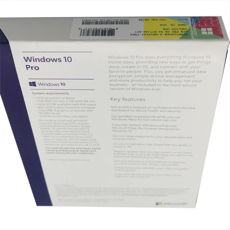 다중 언어 소매 박스 패키지 USB와  마이크로 소프트 윈도우 10 프로 키 32 또는 64 입찰 방식 건축업자