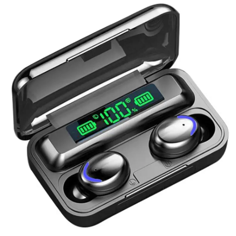 

F9-5 TWS Earphone Wireless Waterproof LED Display Headset HIFI Mini In-ear Headphone Earphone F9 Earbuds, Black white