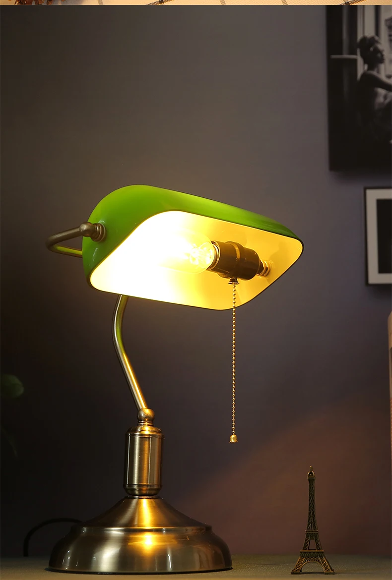 怀旧美式古董复古经典银行台灯旧绿色玻璃灯罩书房灯lampara de mesa