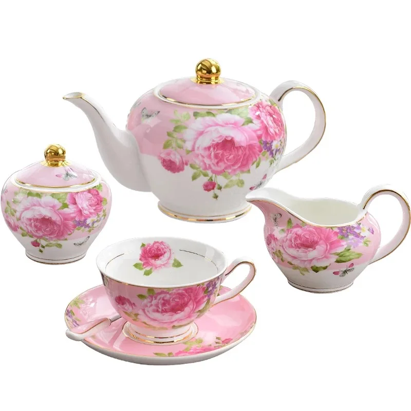 Custom Luxury Pink Color Floral Turkish Tea Cup Saucer Sets,Fine 5 Pcs