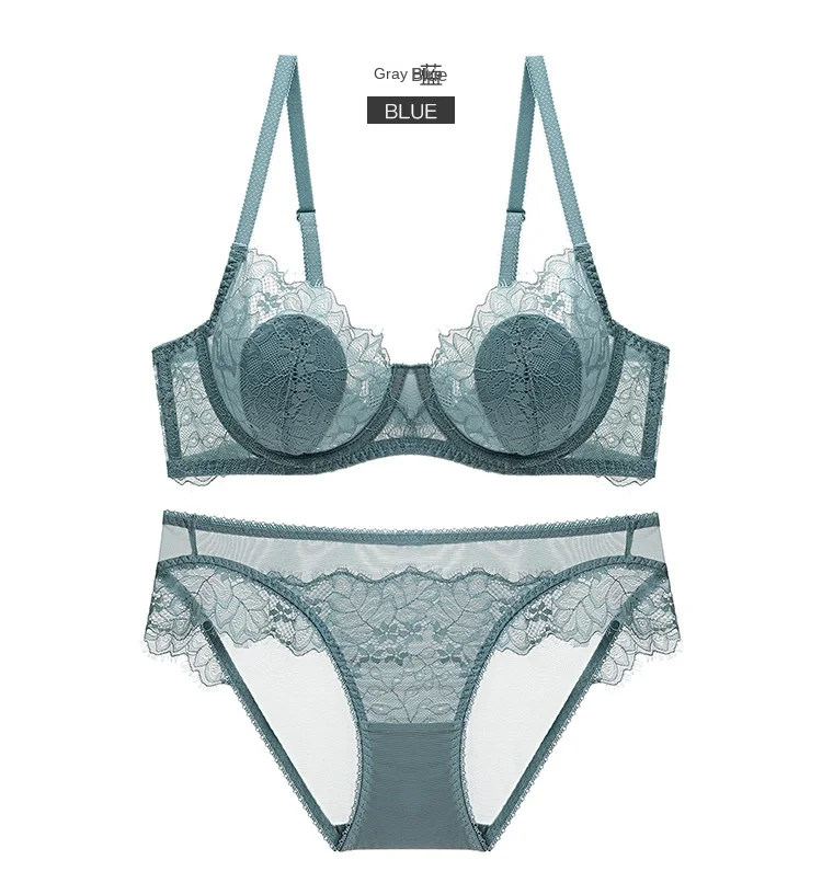 Women's Sexy Lace Thin Transparent Bra Set Large Size Wire-Free Support Adjusted Straps Breathable Solid Pattern Waist Thongs