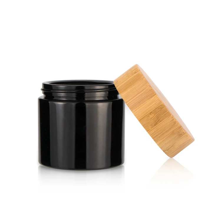 High End Black Cosmetic Cream Jar Glass Bottle With Bamboo ...