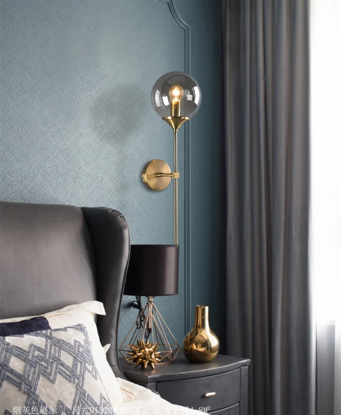 modern factory golden LED indoor wall lights bedroom glass ball shade metal wall lamp