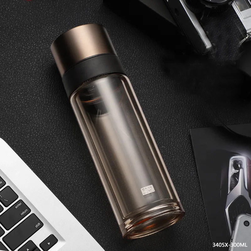 2019 زجاج بوروسيليليك مرتفع 300 مللي مزدوج الجدار زجاج زجاجة ماء مكتب الأعمال زجاجة مع الشاي Infuser 3405X