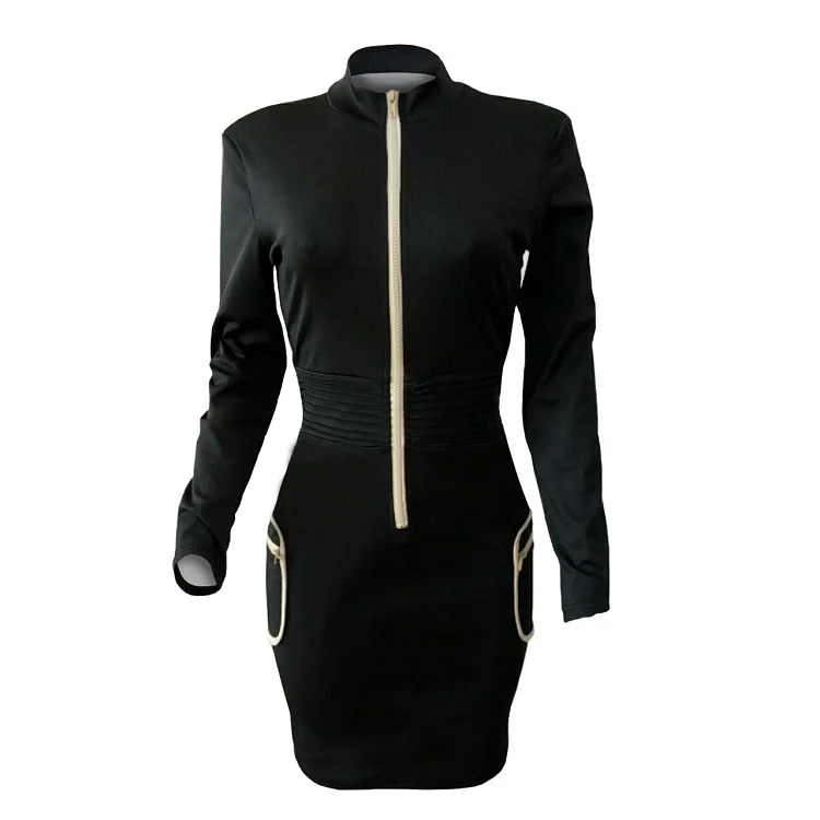 Wholesale Fashion Zipper V Neck Sexy Stretchy Women Clothing Ladies Clothes Casual Dress Women Dresses