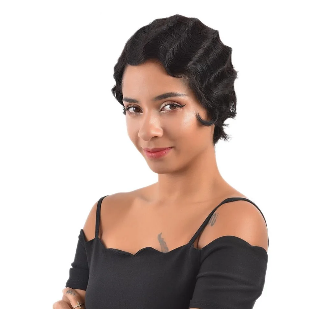 Short Pixie Cut Finger Wave Wig 100 Human Hair Non Lace Machine