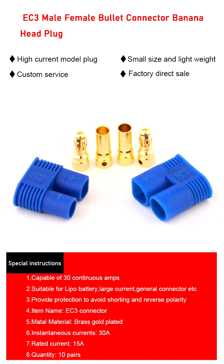 5 Pairs EC3 Male & Female Bullet Gold Connector Banana 3.5mm Plug